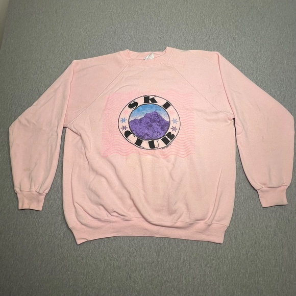 Vtg 1986 Hanes Ski Club Screen Print Pink Sweatshirt | Size XL | Made in USA - Picture 1 of 13